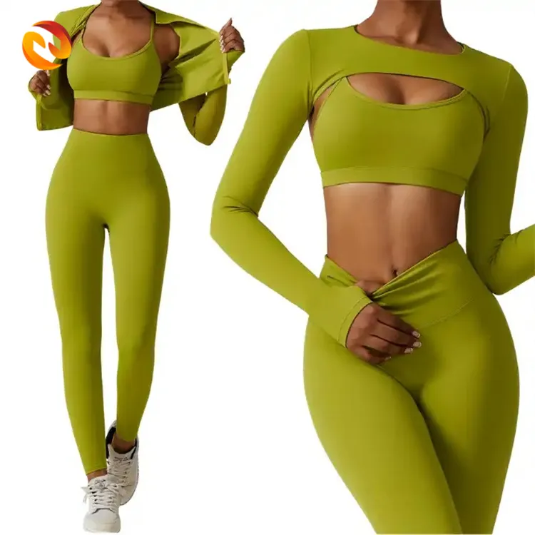 Großhandel 3 Stück Jacke Sport BH Leggings Yoga Anzug Schwarz Fitness Leggings Gym Wear Frauen Sets Gym Kleidung Zip Top Active We