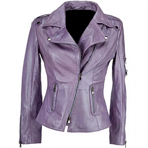 Ladies Vintage Real <b>Cow</b> Skin Washed Waxed Leather Denim Bomber Jacket <b>Purple</b> Quilted Breathable Waterproof Eco-Friendly - Product Image 1