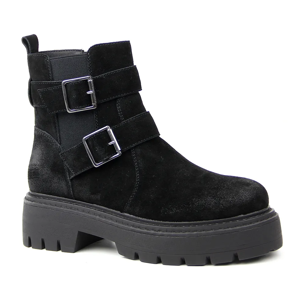 Fashion Buckle Design Ladies Platform Boots Shoes for Women Suede Flat Autumn Spring Lady Boot