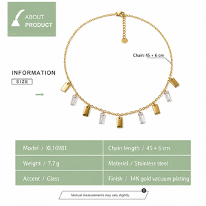 Collier à breloque rectangulaire en acier inoxydable et verre, plaqué or 14 carats sous vide, chaîne de 45 cm, options ton or et argent - Product Image 4