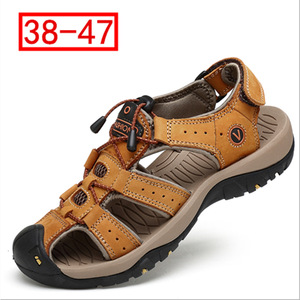 Sandales de randonnée pour hommes, motif uni, première couche en cuir de vache, doublure en cuir véritable, bout fermé, semelle extérieure en caoutchouc respirante, extérieur, 38-47 - Product Image 1