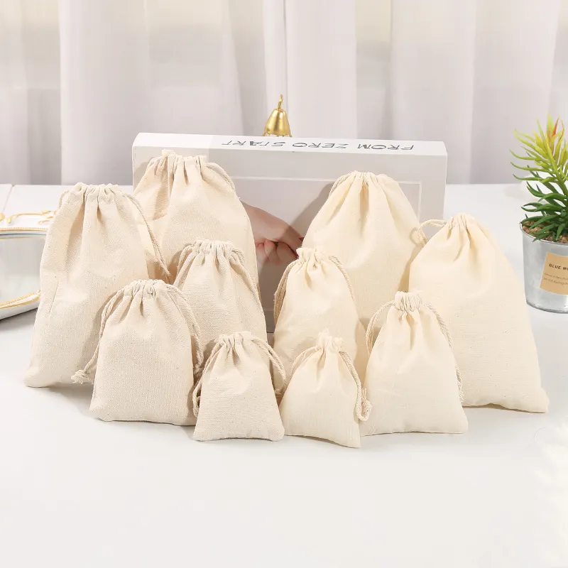 Bolsas de algodón para granos de café, bolsas de algodón orgánico blanco con cordón, bolsas reciclables lavables