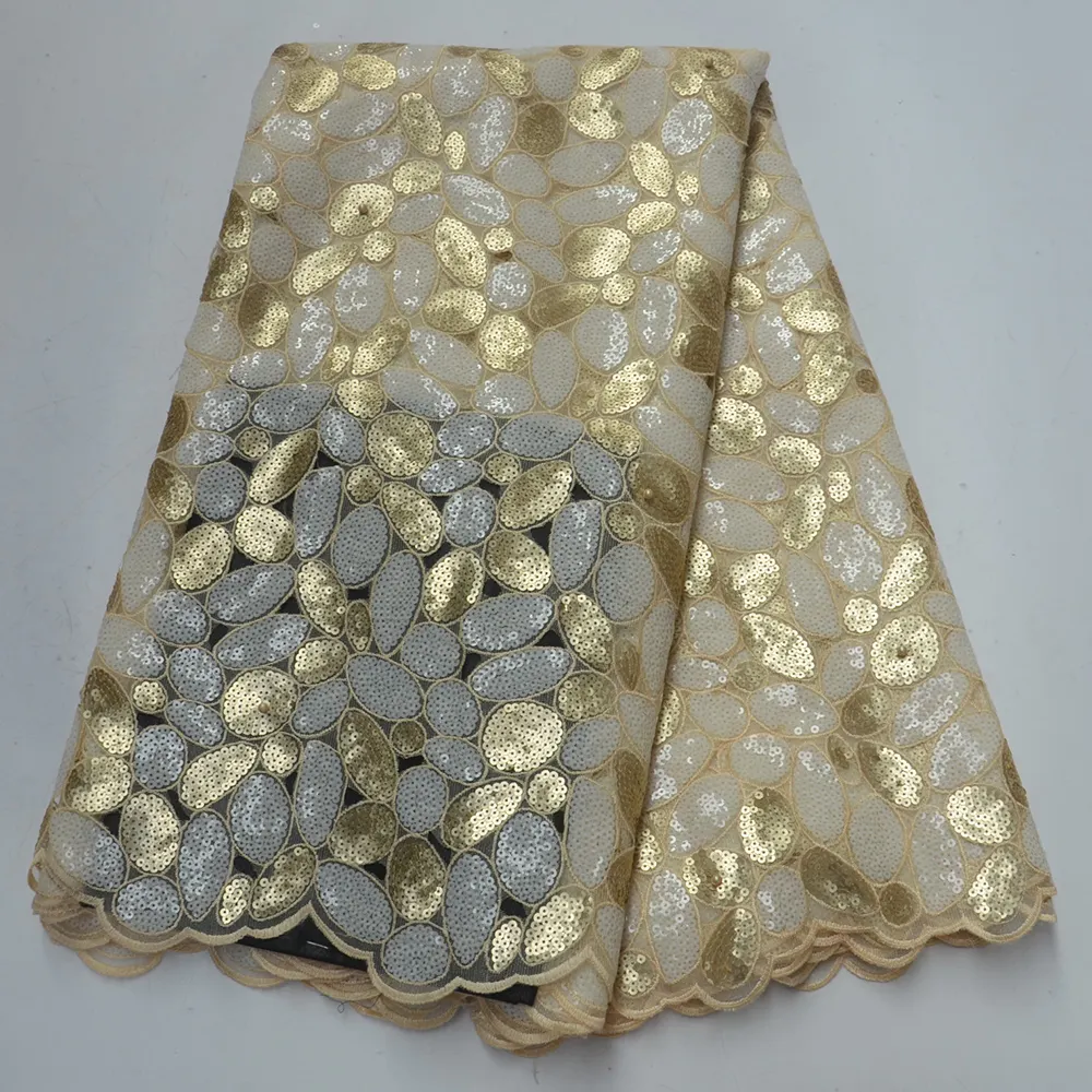 Indah Bordir Nigeria Organza Lace Fabric dengan Manik-manik Sinya Desain Baru Bahasa Perancis Payet Net untuk Wanita
