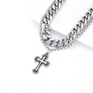 yunnique Minimalist <b>Titanium</b> Steel Double <b>Chain</b> Cross Necklace For Men Stainless Steel Geometric Design Fashion Pendant Jewelry - Product Image 3
