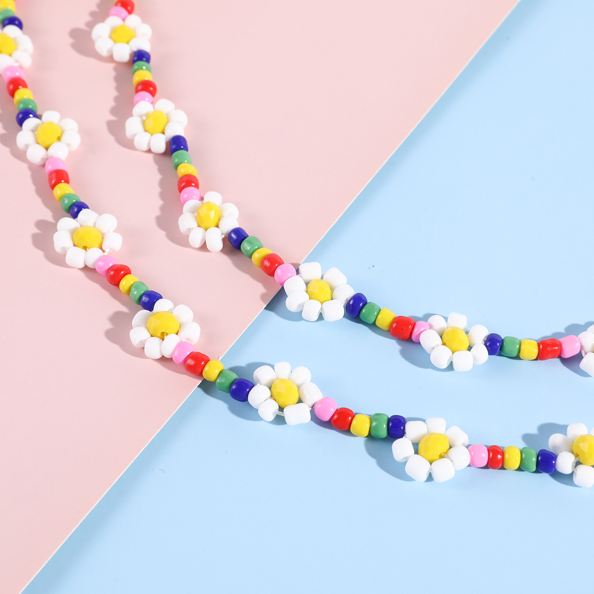 q111003多色种子珠项链雏菊串珠小彩虹项链链子沙滩雏菊项链饰品