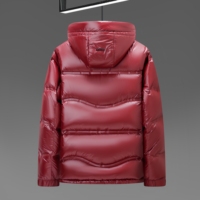 Veste d'hiver matelassée noire brillante pour homme avec capuche, doublure marron, fermeture éclair et poignets à boutons-pression
