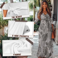 Robe longue maxi décontractée pour femme, grande taille, style vintage gris tropical, semi-formelle, pour l'été, col en V, manches 3/4, avec ceinture