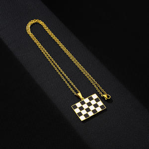 Racing bandera a cuadros encanto enlace cadena collar acero inoxidable 18K chapado en oro Auto Racing Check bandera colgante collar - Product Image 5