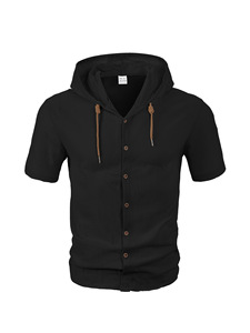 Custom <b>Men</b> <b>Short</b> <b>Sleeve</b> Knitted Hooded Shirt Embroidery Logo 145GSM 100% Cotton Resort Streetwear Top - Product Image 6