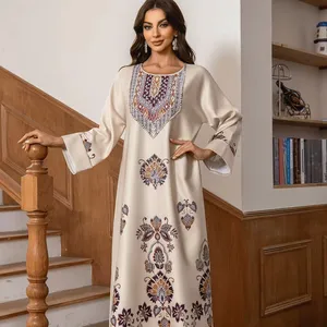 ZD027 Hot Middle East Women Round Neck Long Sleeve Vintage Printed Drilling Studded Beads Loose A-Line Robe abaya Muslim Dresses