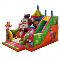 Structure gonflable combinée toboggan et château à rebondir sur le thème du lion de cirque et du clown, multicolore, pour enfants, aire de jeux d'aventure de carnaval, pour fêtes et usage commercial