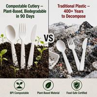 Kit de couverts jetables biodégradables et compostables CPLA écologiques, ensemble 3 en 1 (couteau, cuillère et fourchette)