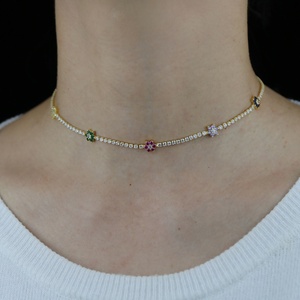 Collier ras du cou pour femmes, plaqué or, coloré, arc-en-ciel, zircon cubique, fleur, breloque fine, chaîne de Tennis, <span class=keywords><strong>32</strong></span> + 10CM, à la mode - Product Image 3