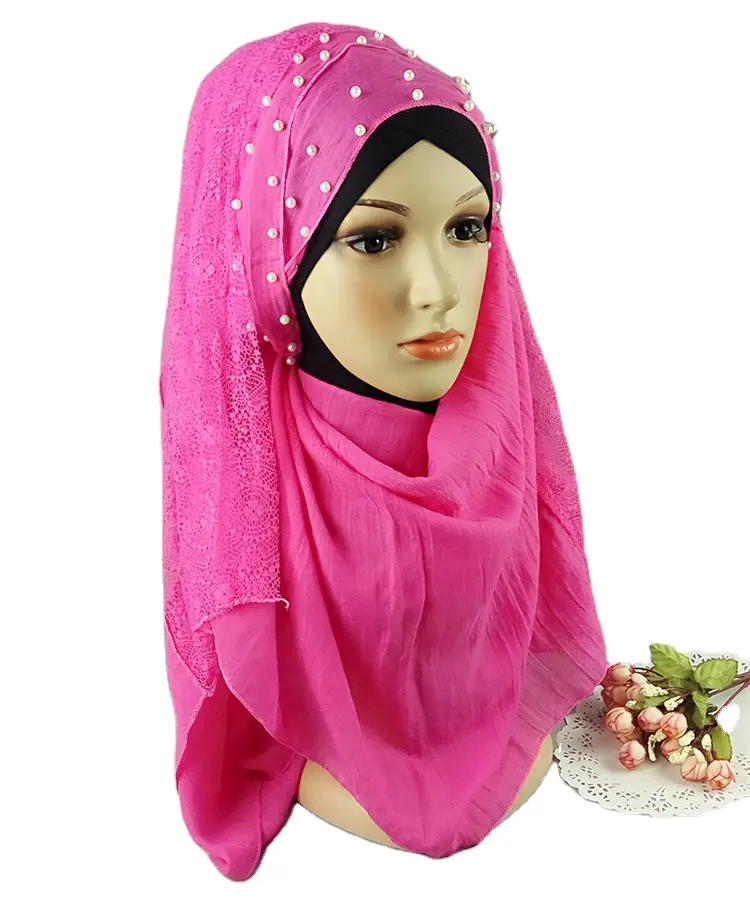 Nouveau gros coton foulards blanc perle demi dentelle Hui foulard Musulman hijab