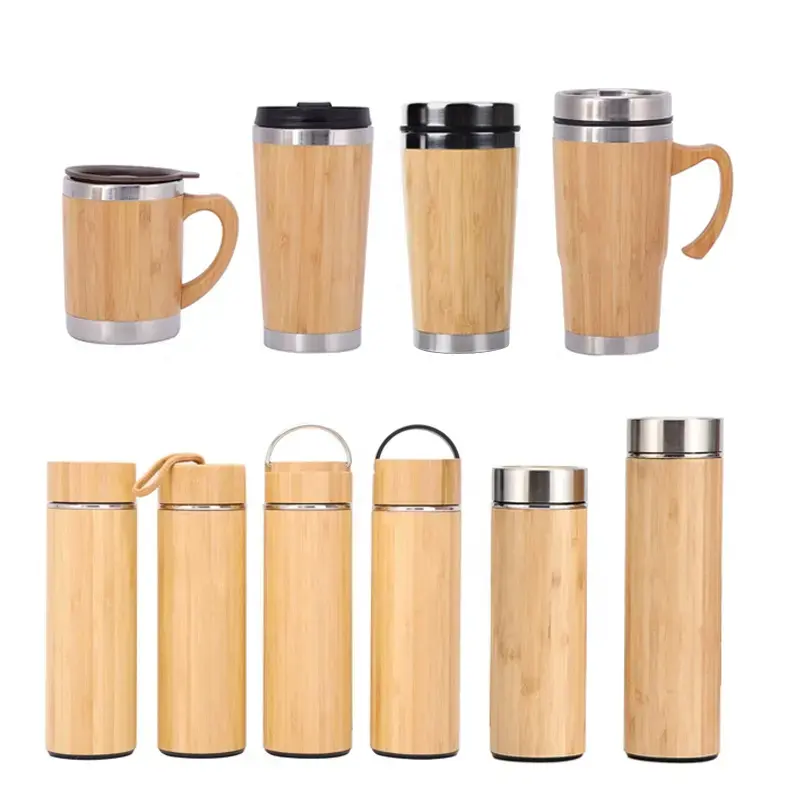 100% coquille de bambou naturel écologique bouteille d'eau en acier inoxydable thermos tasse avec tasse d'eau écologique recyclée