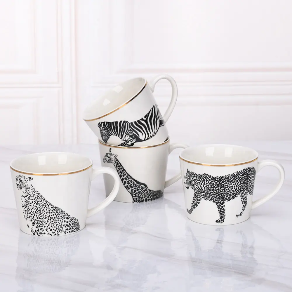Factory custom gold rim high quality ceramic personalised coffee mug wildlife animal design