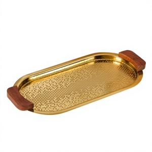 Bandeja Rectangular Dorada para Servir con Asas de Madera, Patrón Geométrico, Acabado Metálico Pulido, para Decoración de Mesa en el Hogar y Cocina - Product Image 6