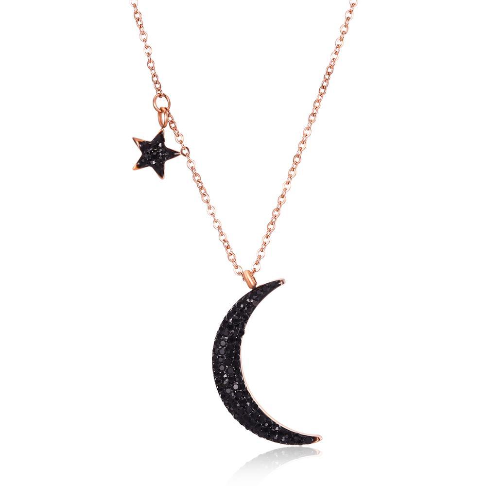 Collar de estrella de luna de circón negro de joyería femenina de acero inoxidable popular /