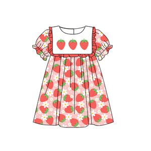 Vestido de Verano para Niña, Modelo GSD3508, Diseño Personalizado ODM, Estampado de Fresas Rojas, Sin Mangas, Transpirable, Hasta la Rodilla, Venta al por Mayor - Product Image 1