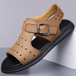 Men's Flat <b>Sandals</b> Summer Breathable Hollowed Out Casual Beach Shoes Korean Style Slip On Khaki Black - Product Image 1