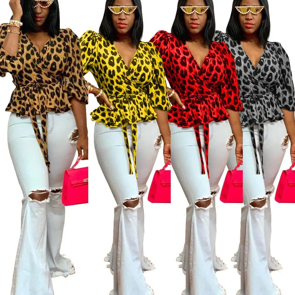 90821-MX71 sehe fashion leopard print ruffles women tops and blouses