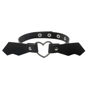 jinlong Punk style Heart small wings PU leather choker Gothic heart collar Rock personality collarbone chain neck