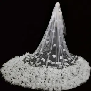 2023 शादी घूंघट Blusher शीतल Tulle घूंघट 2 स्तरीय कैथेड्रल की लंबाई के साथ दुल्हन के साथ 5M फूल घूंघट कंघी Brida