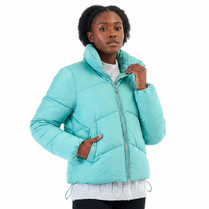Veste matelassée unisexe turquoise écologique à capuche avec fermeture éclair coupe-vent décontractée pour l'hiver, rembourrage en coton épais - Product Image 2