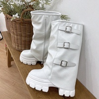 Bottines mi-mollet à plateforme avec boucle décorative pour femmes, fermeture éclair latérale, semelle épaisse et robuste, bottes tendance pour femmes