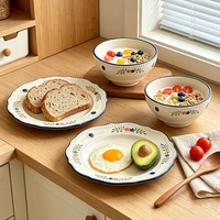 Bol en céramique vintage à motif floral, bord perlé, vaisselle pour petit-déjeuner et salade, pour la maison, l'hôtel, vente en gros