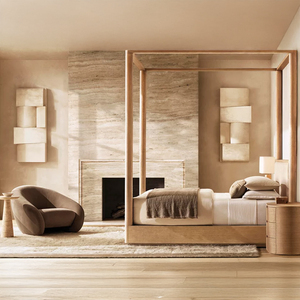 Rh कॉर्टा फ्रेंच दीवार बिस्तर राजा आकार चार पोस्टर ठोस लकड़ी के फ्रेम बेज असस्टर्ड हेडबोर्ड लक्जरी सफेद लिनन डिजाइन - Product Image 3