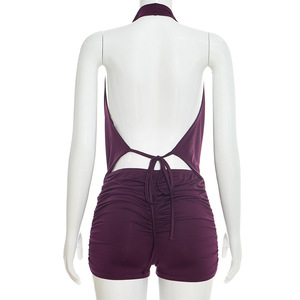 Viviblook J26ST022 Women Summer <b>Set</b> Solid Color Halter Backless Tank Top Shorts Two Piece <b>Set</b> for Ladies - Product Image 6