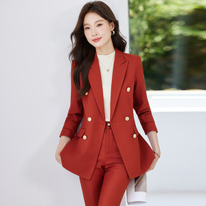 Women's Blue Suit Set Polyester Formal Autumn Anti-Wrinkle Two-Piece OL Style Professional Jacket Pants - Product Image 2