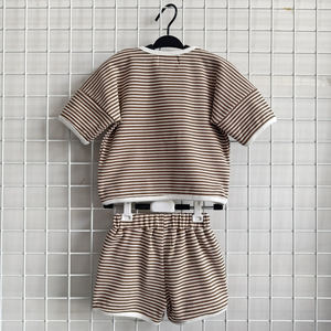 Summer Baby Boys Girls Striped Waffle Short Sleeve Top Shorts Contrast Color <strong>Kids</strong> Daily Two Piece Set - Product Image 4