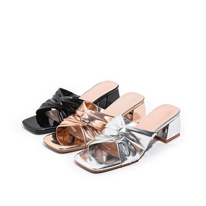 Sandalias de Tacón de Cuero Plateado con Lazo, Punta Cuadrada, Tacón Ancho, Estilo Slip-On, Zapatos de Verano para Mujer - Product Image 5