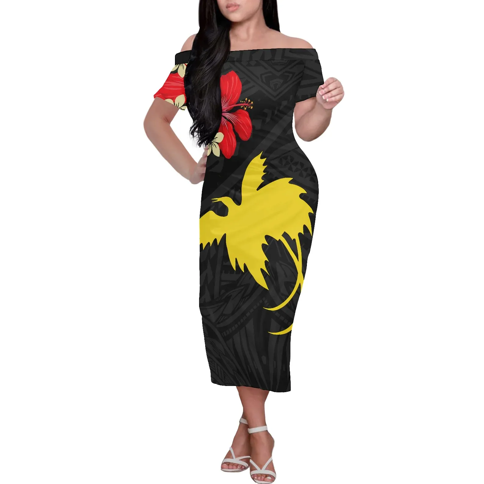도매 저렴한 가격 맥시 스커트 파푸아 뉴기니 폴리네시아 스타일 여성의 오프 숄더 원피스 개인 라벨 의류 드레스