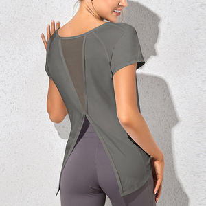 Nuevo Stock camiseta Fitness <span class=keywords><strong>mujer</strong></span> Color sólido cuello redondo Delgado transpirable malla Yoga correr manga corta Camiseta Tops - Product Image 2