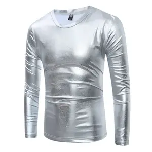 Cool Gold Gecoat Metallic T-shirt O Hals Volledige Mouw T-shirt Voor Mannen Shirt Night Club Man Shiny Gold Hip hop Tee