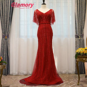 Robes bordeaux 2020 longues sans manches en tulle respirant avec traîne, pour soirée, ornées de cristaux - Product Image 3