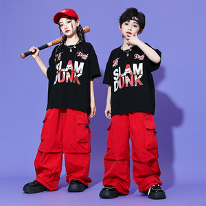 Traje de <span class=keywords><strong>Baile</strong></span> Hip Hop para Niños, Camiseta Negra con Estampado Slam Dunk, Pantalones Cargo Rojos Holgados, Ropa para Actuaciones en Escenario - Product Image 1