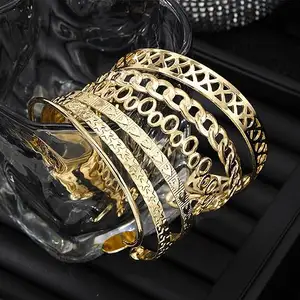 Bracelet en or, ensemble de bracelets manchettes empilables multicouches en plaqué or 14k, bijoux bohèmes à la mode et à la texture minimaliste