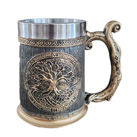 Bouteille d'eau grande capacité en acier inoxydable style vintage, type baril nordique viking, avec couvercle et marteau, motif bateau dragon et guerrier, pour bière