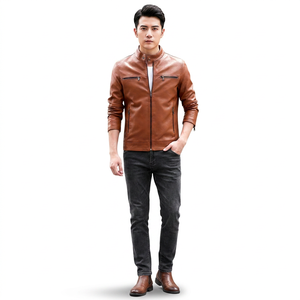 2026 <b>Men's</b> Casual Brown Leather <b>Jackets</b> New Fashionable Autumn Stand Collar Zip-Up <b>Long</b> Sleeve Hooded Front Logo Design - Product Image 1