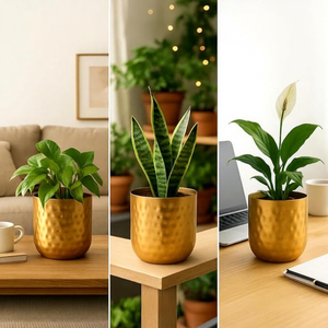 Pot de fleurs en métal doré martelé, rond et cylindrique, pour la décoration de bureau et les plantes vertes - Product Image 2