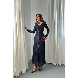 Robe de soirée élégante bleu marine dos nu à sequins, coupe fourreau, taille naturelle, tissu translucide - Product Image 6