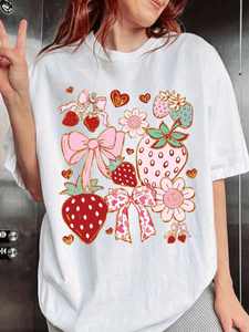 T-Shirt Lolita blanc à imprimé fraises pour femmes, manches courtes, col rond, Style bohème, tenue décontractée pour la saint-valentin, tenue de printemps - Product Image 3
