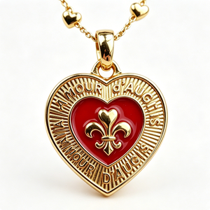 Heart-Shaped Gold-Plated Hard Enamel Medal With Red Center And Fleur-De-Lis Design For Valentine'S Day Love Theme - Product Image 6