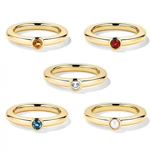 Gemnel high quality simple round natural rainbow gemstones 925 sterling silver stacking ring