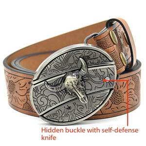 Ceinture en cuir véritable pour homme, en cuir de vachette, avec design 3D en alliage, broderie motif tournesol, durable, style vintage, tendances individualistes - Product Image 1