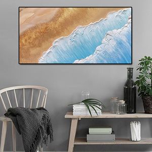 Pintura abstracta de paisaje de mar, hermoso paisaje pintado a mano de arena dorada y olas azules del océano, 100% - Product Image 6